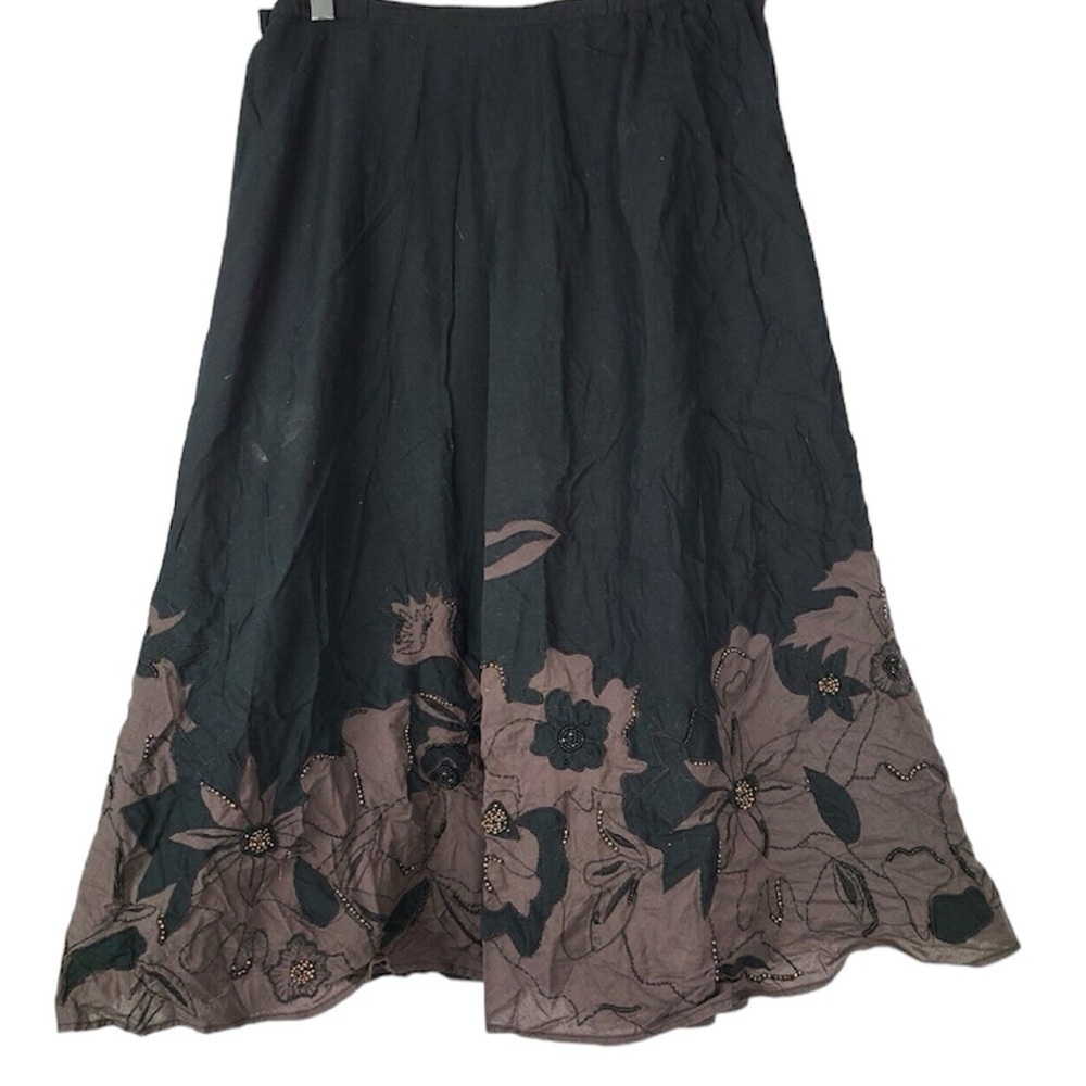 Chico’s black brown aplique beaded floral embroidered cotton circular skirt Sz M